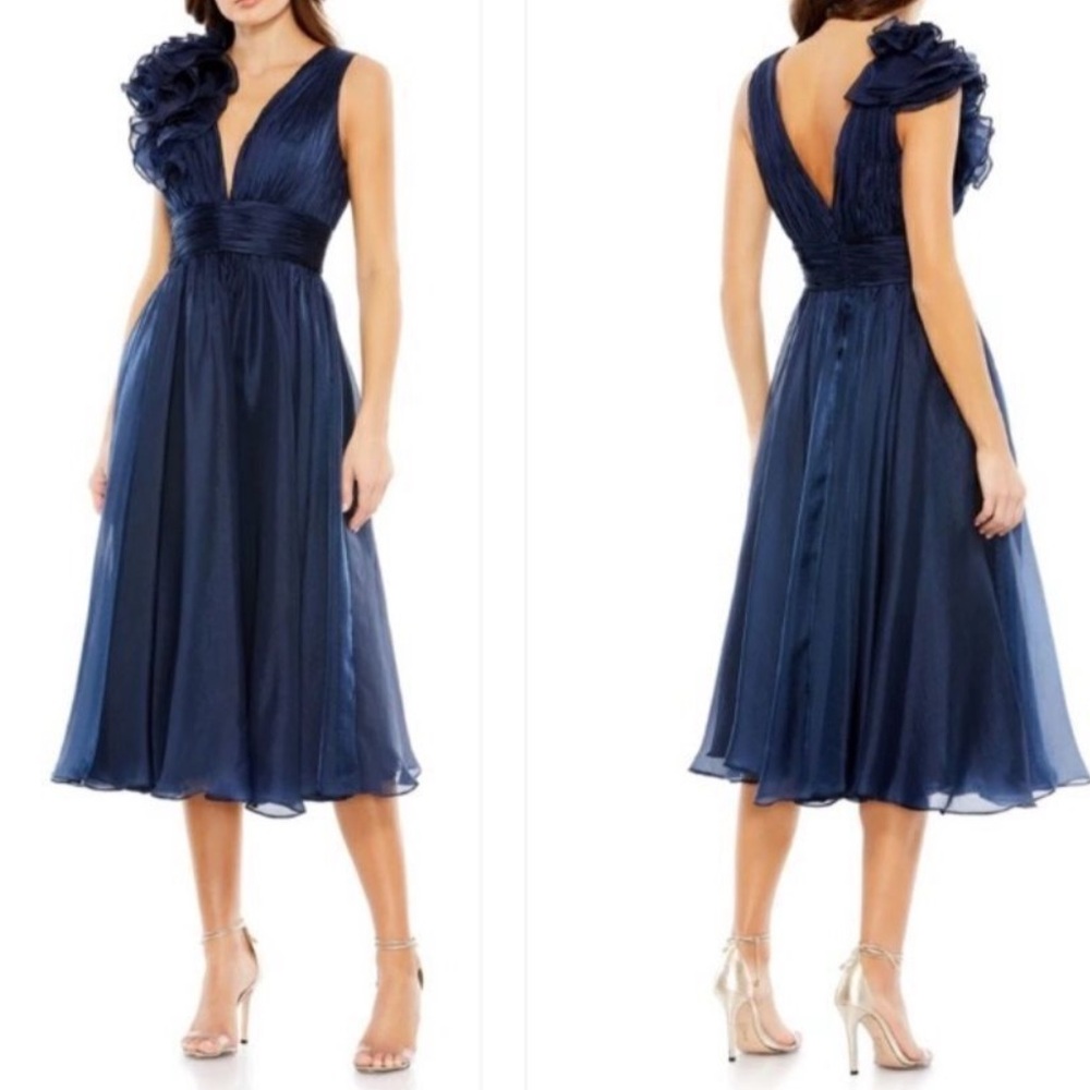 MAC DUGGAL Midnight Ruffled Sleeveless Chiffon A-Line Tea Length Cocktail Dress